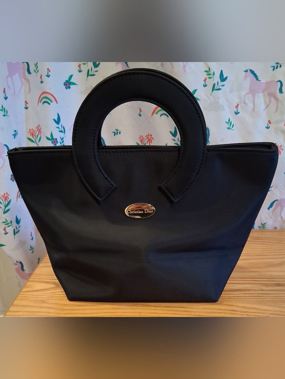EUC Vintage 80s Christian Dior Black Nylon Top Handle Cosmetic Beauty Travel Bag